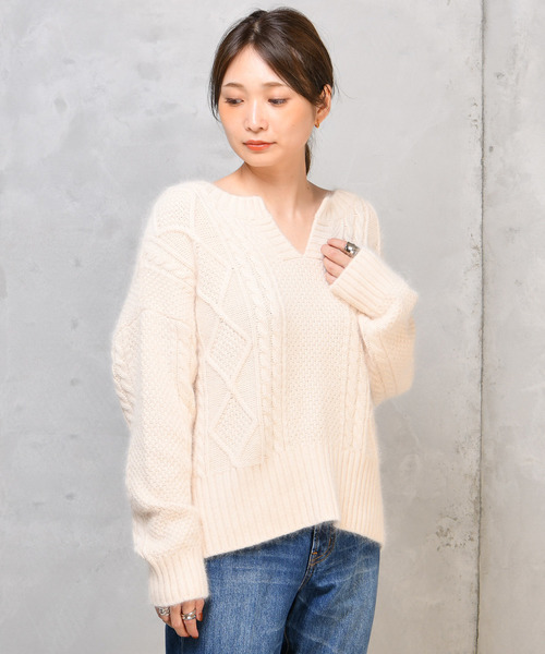 DouDou（ドゥドゥ）の「ケーブルスキッパーニット（ニット/セーター・レディース・オフホワイト/ブラック/グレー/ラベンダー・FREE）」の2枚目の写真