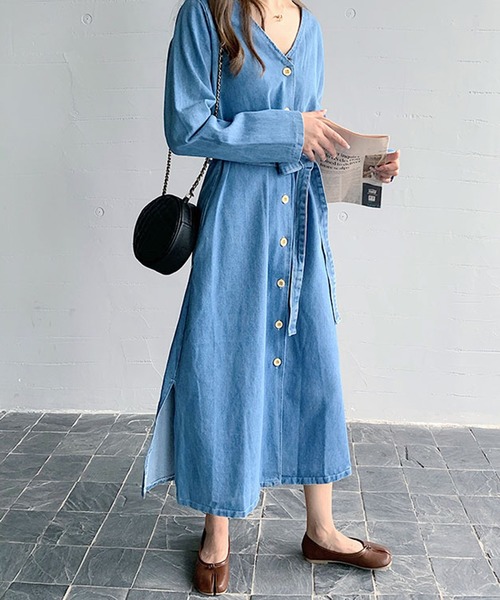 Styleblock スタイルブロック の ウエストリボンサイドスリットデニムワンピース シャツワンピース Wear