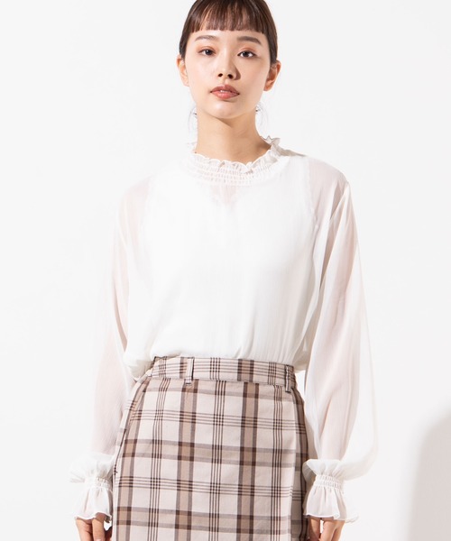 WEGO（ウィゴー）の「WEGO/シアーシャーリングハイネックブラウス（シャツ/ブラウス・レディース・サックスブルー/オフホワイト/ホワイト系その他/ブラック・FREE）」の2枚目の写真