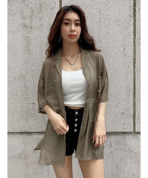 EGOIST（エゴイスト）の「シアー開襟半袖シャツ（シャツ/ブラウス・レディース・アイボリー/ブラウン/ライトブラウン/グリーン・FREE）」の4枚目の写真