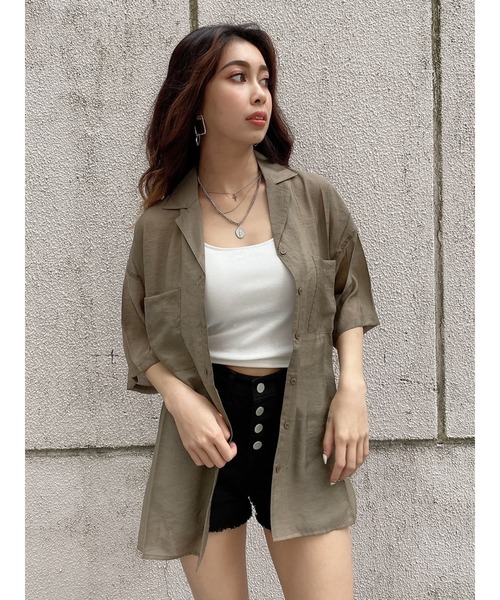 EGOIST（エゴイスト）の「シアー開襟半袖シャツ（シャツ/ブラウス・レディース・アイボリー/ブラウン/ライトブラウン/グリーン・FREE）」の7枚目の写真