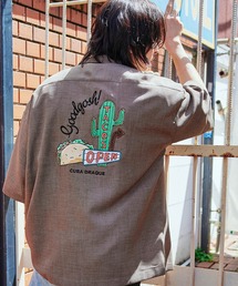 テックリネン 刺繍デザイン オーバーサイズ 半袖ボーリングシャツ