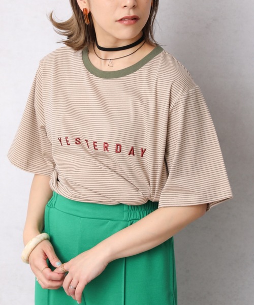 Bonjour Sagan（ボンジュールサガン）の「ロゴプリントボーダーリンガー半袖TEE【ZOZO限定アイテム】（Tシャツ/カットソー・レディース・オフホワイト/スミクロ/ベージュ・FREE）」の3枚目の写真