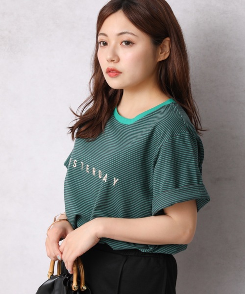 Bonjour Sagan（ボンジュールサガン）の「ロゴプリントボーダーリンガー半袖TEE【ZOZO限定アイテム】（Tシャツ/カットソー・レディース・オフホワイト/スミクロ/ベージュ・FREE）」の2枚目の写真