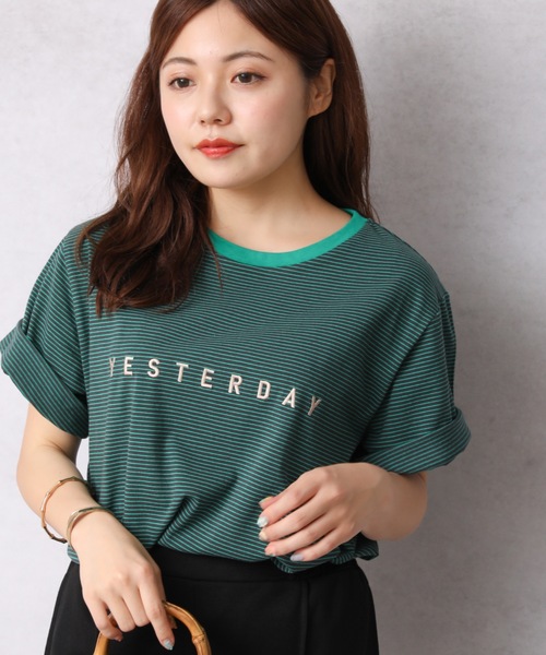 Bonjour Sagan（ボンジュールサガン）の「ロゴプリントボーダーリンガー半袖TEE【ZOZO限定アイテム】（Tシャツ/カットソー・レディース・オフホワイト/スミクロ/ベージュ・FREE）」の22枚目の写真
