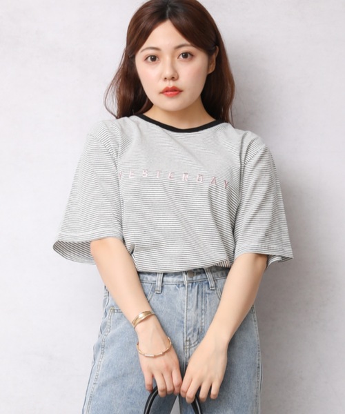 Bonjour Sagan（ボンジュールサガン）の「ロゴプリントボーダーリンガー半袖TEE【ZOZO限定アイテム】（Tシャツ/カットソー・レディース・オフホワイト/スミクロ/ベージュ・FREE）」の4枚目の写真