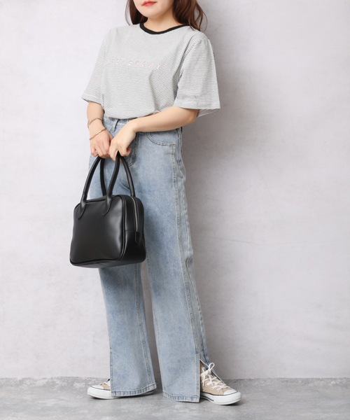 Bonjour Sagan（ボンジュールサガン）の「ロゴプリントボーダーリンガー半袖TEE【ZOZO限定アイテム】（Tシャツ/カットソー・レディース・オフホワイト/スミクロ/ベージュ・FREE）」の16枚目の写真