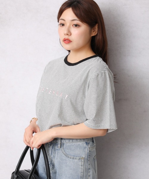 Bonjour Sagan（ボンジュールサガン）の「ロゴプリントボーダーリンガー半袖TEE【ZOZO限定アイテム】（Tシャツ/カットソー・レディース・オフホワイト/スミクロ/ベージュ・FREE）」の5枚目の写真