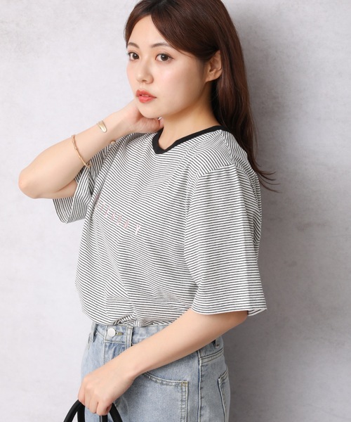 Bonjour Sagan（ボンジュールサガン）の「ロゴプリントボーダーリンガー半袖TEE【ZOZO限定アイテム】（Tシャツ/カットソー・レディース・オフホワイト/スミクロ/ベージュ・FREE）」の6枚目の写真