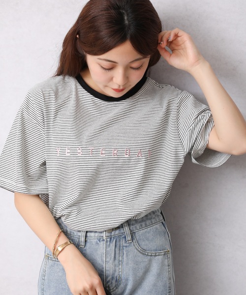 Bonjour Sagan（ボンジュールサガン）の「ロゴプリントボーダーリンガー半袖TEE【ZOZO限定アイテム】（Tシャツ/カットソー・レディース・オフホワイト/スミクロ/ベージュ・FREE）」の7枚目の写真