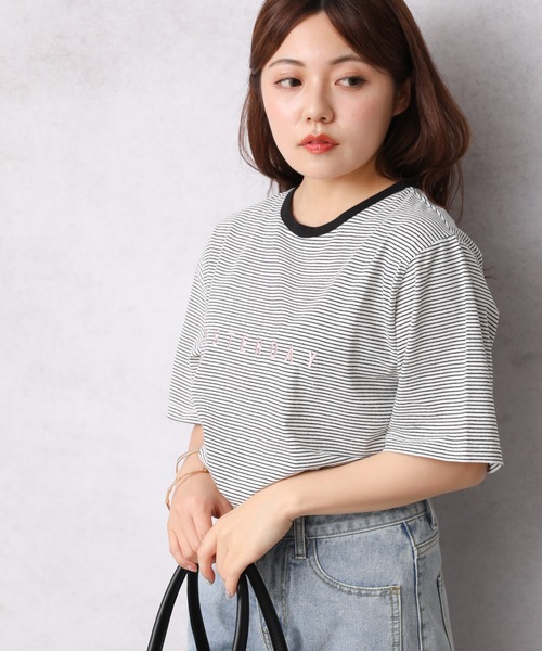 Bonjour Sagan（ボンジュールサガン）の「ロゴプリントボーダーリンガー半袖TEE【ZOZO限定アイテム】（Tシャツ/カットソー・レディース・オフホワイト/スミクロ/ベージュ・FREE）」の8枚目の写真