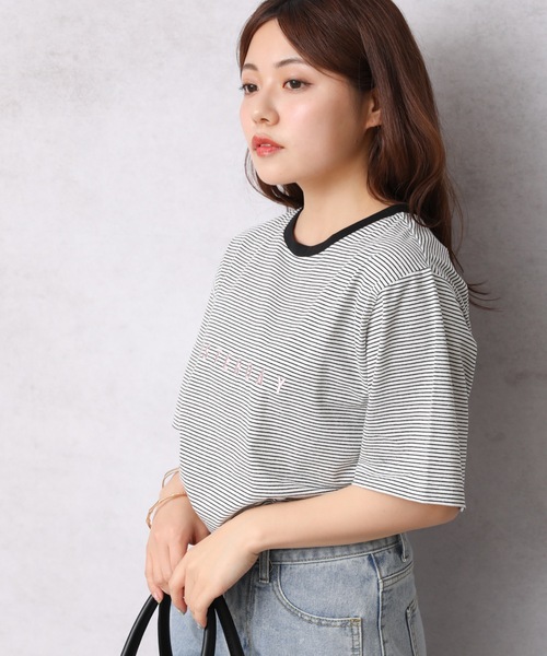 Bonjour Sagan（ボンジュールサガン）の「ロゴプリントボーダーリンガー半袖TEE【ZOZO限定アイテム】（Tシャツ/カットソー・レディース・オフホワイト/スミクロ/ベージュ・FREE）」の9枚目の写真