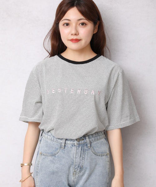 Bonjour Sagan（ボンジュールサガン）の「ロゴプリントボーダーリンガー半袖TEE【ZOZO限定アイテム】（Tシャツ/カットソー・レディース・オフホワイト/スミクロ/ベージュ・FREE）」の10枚目の写真