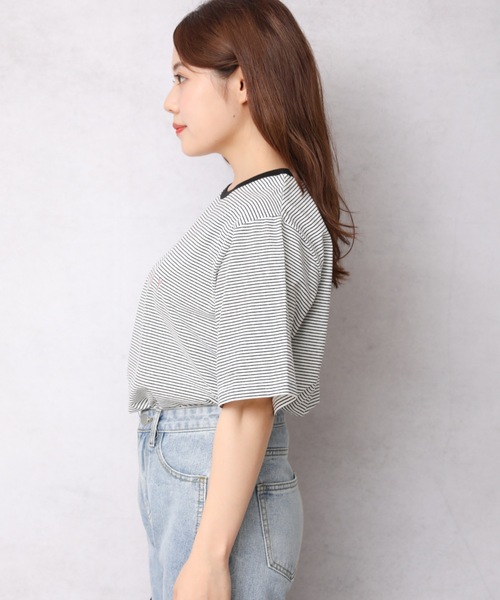 Bonjour Sagan（ボンジュールサガン）の「ロゴプリントボーダーリンガー半袖TEE【ZOZO限定アイテム】（Tシャツ/カットソー・レディース・オフホワイト/スミクロ/ベージュ・FREE）」の11枚目の写真