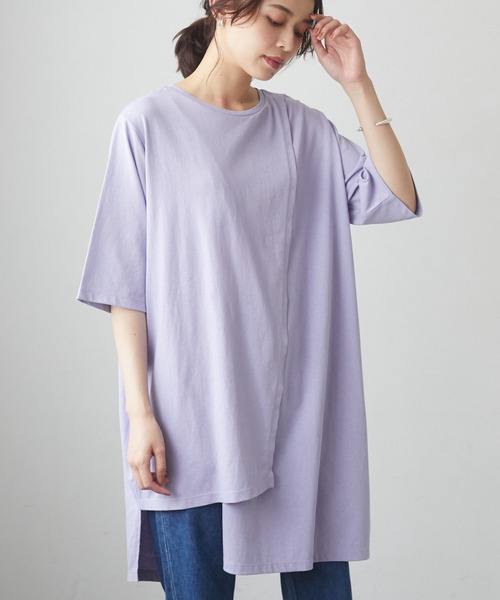 Green　Parks（グリーンパークス）の「アシンメトリーチュニック＊（Tシャツ/カットソー・レディース・ホワイト/チャコールグレー/パープル/ライトカーキ・FREE）」の4枚目の写真
