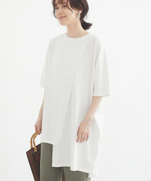 Green　Parks（グリーンパークス）の「アシンメトリーチュニック＊（Tシャツ/カットソー・レディース・ホワイト/チャコールグレー/パープル/ライトカーキ・FREE）」の2枚目の写真