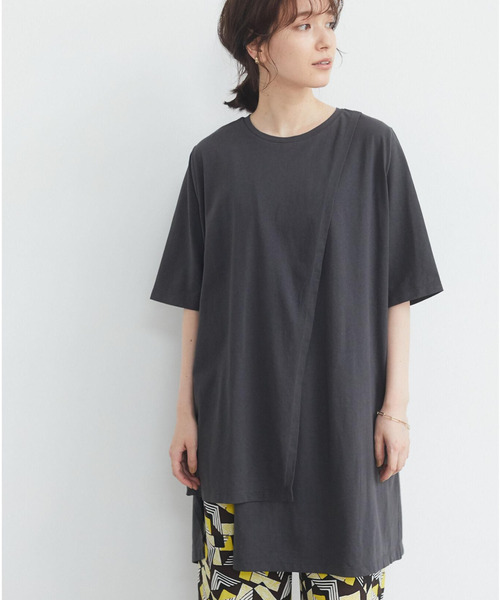 Green　Parks（グリーンパークス）の「アシンメトリーチュニック＊（Tシャツ/カットソー・レディース・ホワイト/チャコールグレー/パープル/ライトカーキ・FREE）」の3枚目の写真