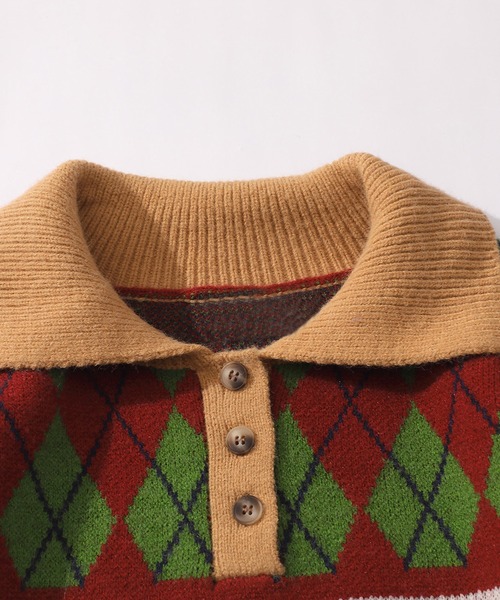 HOOK（フック）の「【HOOK】レトロ調切り替え風ポロ襟ニット（ニット/セーター・メンズ・レッド/ブルー・XL/M/L/XXL）」の6枚目の写真