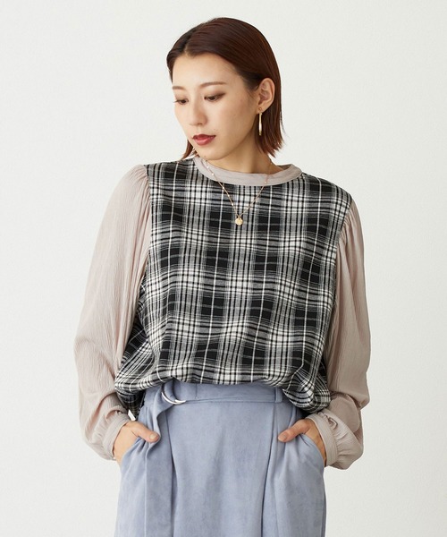 NICOLE white（ニコルホワイト）の「ジャガードチェック×楊柳デシンプルオーバー（Tシャツ/カットソー・レディース・ブラック系/グレー系・FREE）」の2枚目の写真