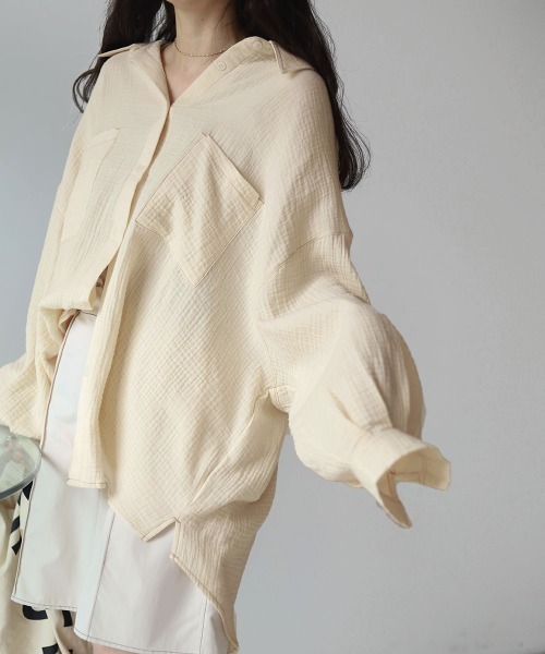 Bab（バブ）の「配色ステッチダブルガーゼビッグシャツ（シャツ/ブラウス・レディース・ライトブルー/アイボリー/Cream・M）」の3枚目の写真