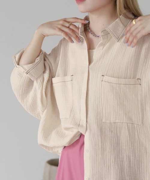 Bab（バブ）の「配色ステッチダブルガーゼビッグシャツ（シャツ/ブラウス・レディース・ライトブルー/アイボリー/Cream・M）」の19枚目の写真