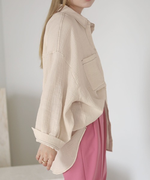 Bab（バブ）の「配色ステッチダブルガーゼビッグシャツ（シャツ/ブラウス・レディース・ライトブルー/アイボリー/Cream・M）」の4枚目の写真