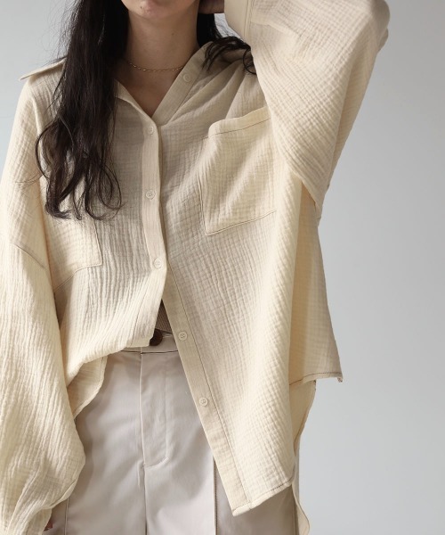 Bab（バブ）の「配色ステッチダブルガーゼビッグシャツ（シャツ/ブラウス・レディース・ライトブルー/アイボリー/Cream・M）」の20枚目の写真