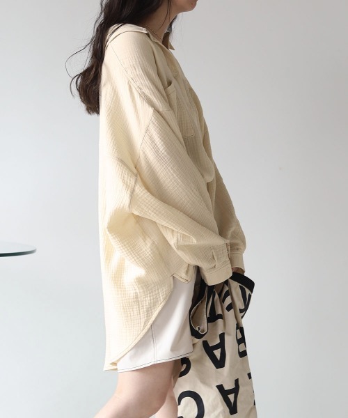 Bab（バブ）の「配色ステッチダブルガーゼビッグシャツ（シャツ/ブラウス・レディース・ライトブルー/アイボリー/Cream・M）」の5枚目の写真