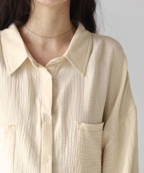 Bab（バブ）の「配色ステッチダブルガーゼビッグシャツ（シャツ/ブラウス・レディース・ライトブルー/アイボリー/Cream・M）」の8枚目の写真