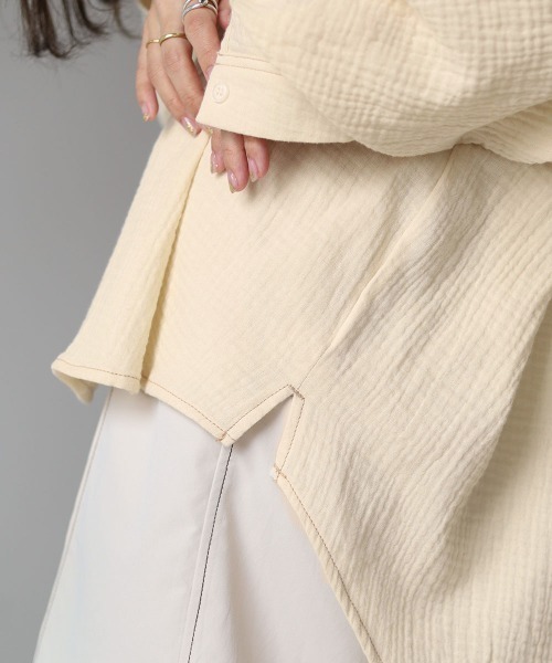 Bab（バブ）の「配色ステッチダブルガーゼビッグシャツ（シャツ/ブラウス・レディース・ライトブルー/アイボリー/Cream・M）」の14枚目の写真