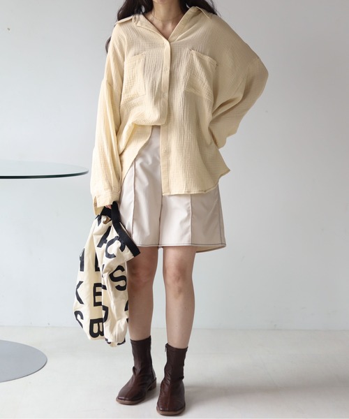 Bab（バブ）の「配色ステッチダブルガーゼビッグシャツ（シャツ/ブラウス・レディース・ライトブルー/アイボリー/Cream・M）」の15枚目の写真