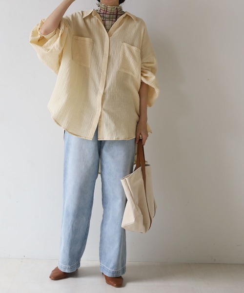 Bab（バブ）の「配色ステッチダブルガーゼビッグシャツ（シャツ/ブラウス・レディース・ライトブルー/アイボリー/Cream・M）」の18枚目の写真