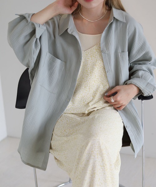 Bab（バブ）の「配色ステッチダブルガーゼビッグシャツ（シャツ/ブラウス・レディース・ライトブルー/アイボリー/Cream・M）」の7枚目の写真