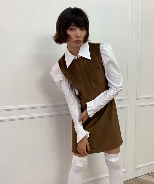 lissi Boutique（リージーブティック）の「【lissi Boutique】異素材切替シャツ風ミニワンピース（ワンピース・レディース・ブラック/ブラウン・FREE）」の11枚目の写真