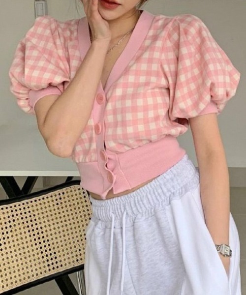 セール】ギンガムチェックパフスリーブトップス（Tシャツ/カットソー