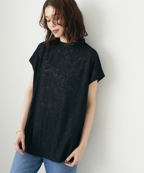 Green　Parks（グリーンパークス）の「シアージャガードTシャツ（シャツ/ブラウス・レディース・ブラック/オフホワイト/ブルーグリーン・FREE）」の3枚目の写真