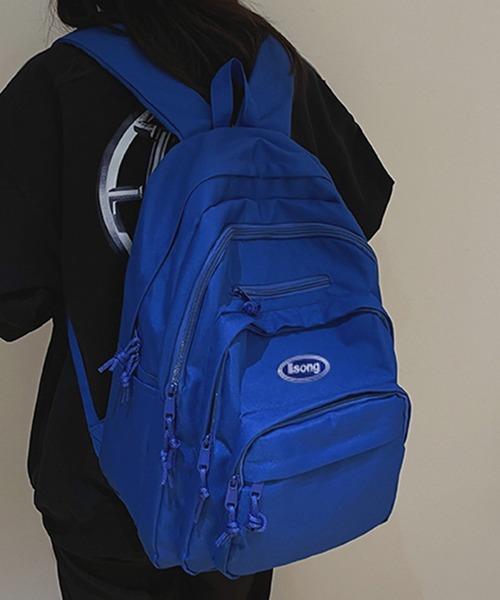 shopnikoniko（ショップニコニコ）の「リュック 大容量 黒リュック おしゃれ シンプル 通学 韓国 高校生 ロゴ刺繍 リュックサック（バックパック/リュック・レディース・ブラック/ブルー・フリー）」の2枚目の写真