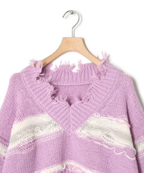 Alley by w closet（アリーバイダブルクローゼット）の「【Alley】ダメージボーダーニット（ニット/セーター・レディース・ラベンダー/オフホワイト・FREE）」の3枚目の写真