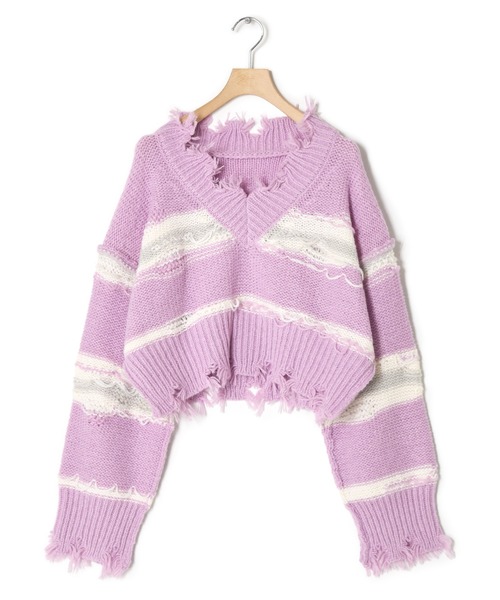 Alley by w closet（アリーバイダブルクローゼット）の「【Alley】ダメージボーダーニット（ニット/セーター・レディース・ラベンダー/オフホワイト・FREE）」の6枚目の写真