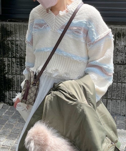 Alley by w closet（アリーバイダブルクローゼット）の「【Alley】ダメージボーダーニット（ニット/セーター・レディース・ラベンダー/オフホワイト・FREE）」の13枚目の写真