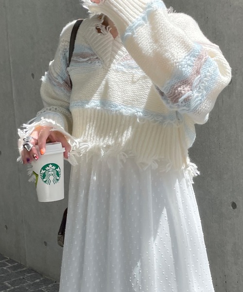 Alley by w closet（アリーバイダブルクローゼット）の「【Alley】ダメージボーダーニット（ニット/セーター・レディース・ラベンダー/オフホワイト・FREE）」の10枚目の写真