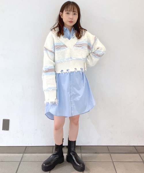 Alley by w closet（アリーバイダブルクローゼット）の「【Alley】ダメージボーダーニット（ニット/セーター・レディース・ラベンダー/オフホワイト・FREE）」の15枚目の写真