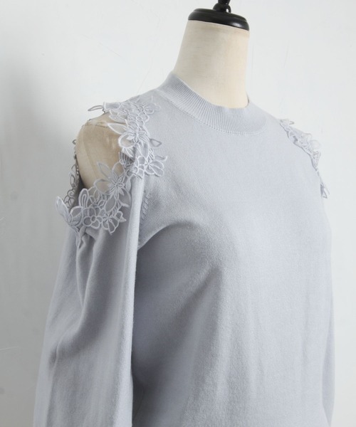 だらお フラワーレース装飾オープンショルダーニットプルオーバー（ニット