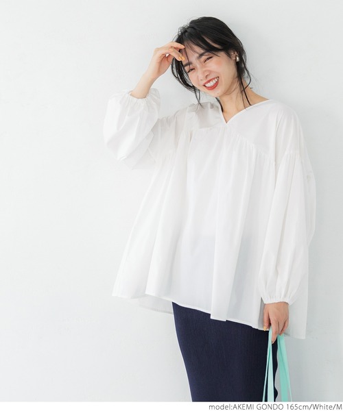 coca（coca）（コカ）の「ブロードVネックギャザーブラウス（シャツ/ブラウス・レディース・ホワイト/ピンク・M/L）」の9枚目の写真