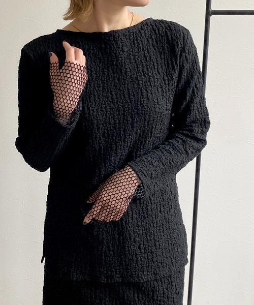 LHELBIE(レルビエ)の「メッシュ切替シャーリングトップス(Tシャツ/カットソー・レディース・ライトグリーン/オフホワイト/ブラック・M)」の2枚目の写真