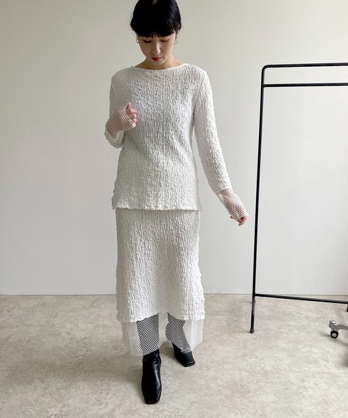 LHELBIE(レルビエ)の「メッシュ切替シャーリングトップス(Tシャツ/カットソー・レディース・ライトグリーン/オフホワイト/ブラック・M)」の22枚目の写真