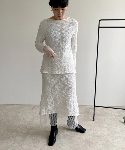LHELBIE(レルビエ)の「メッシュ切替シャーリングトップス(Tシャツ/カットソー・レディース・ライトグリーン/オフホワイト/ブラック・M)」の9枚目の写真