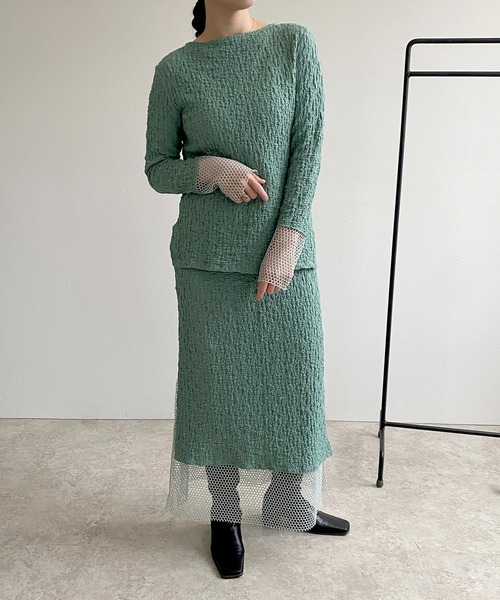 LHELBIE(レルビエ)の「メッシュ切替シャーリングトップス(Tシャツ/カットソー・レディース・ライトグリーン/オフホワイト/ブラック・M)」の19枚目の写真