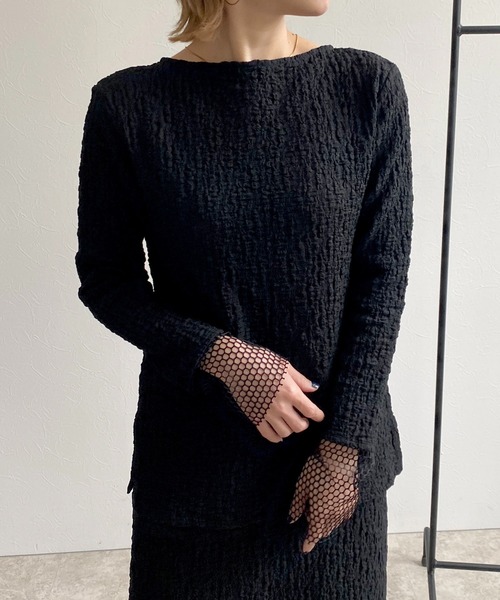 LHELBIE(レルビエ)の「メッシュ切替シャーリングトップス(Tシャツ/カットソー・レディース・ライトグリーン/オフホワイト/ブラック・M)」の6枚目の写真