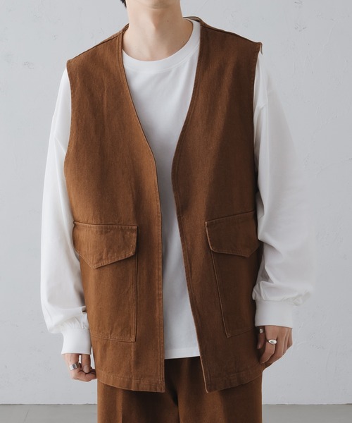 epnok(エプノック)の「ノーカラーデニムジレベスト(ベスト・メンズ・ブラウン/インディゴブルー/ブラック・LARGE/SMALL/MEDIUM)」の16枚目の写真